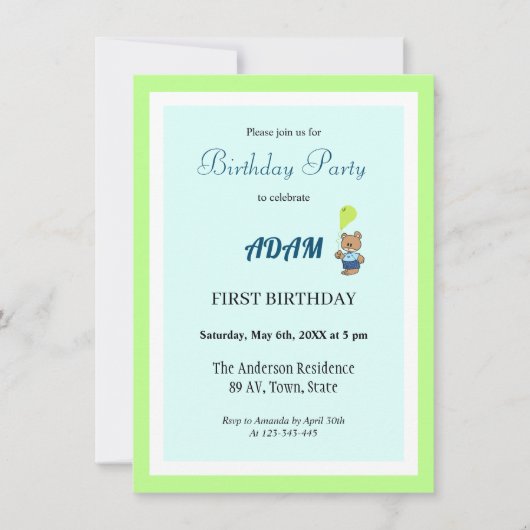 テディベア誕生日 招待状 (正面)