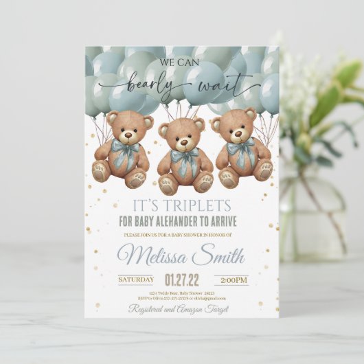 テディベア赤ちゃんシャワーそれは三つ子だ 招待状 (スタンド正面)
