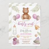 テディベア赤ちゃんシャワーピンクの女の子辛うじて待つ 招待状 (正面/裏面)
