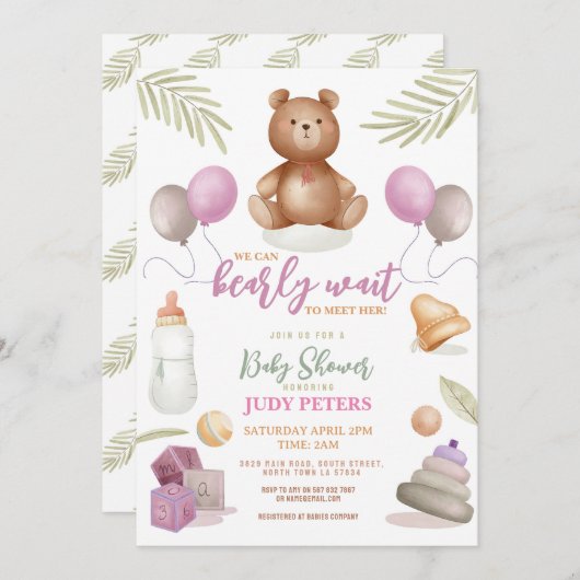 テディベア赤ちゃんシャワーピンクの女の子辛うじて待つ 招待状 (正面/裏面)