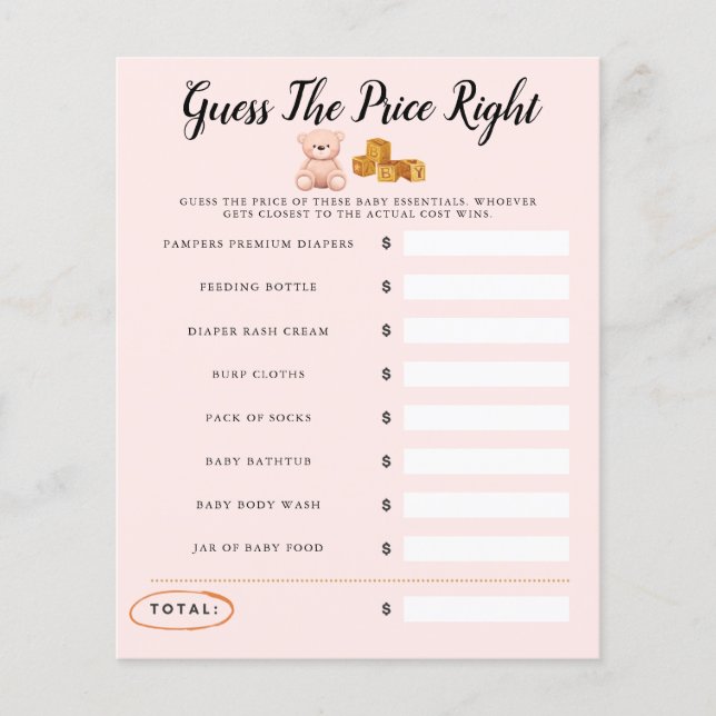 テディベア赤ちゃんシャワーピンクゲーム価格を推測 (正面)