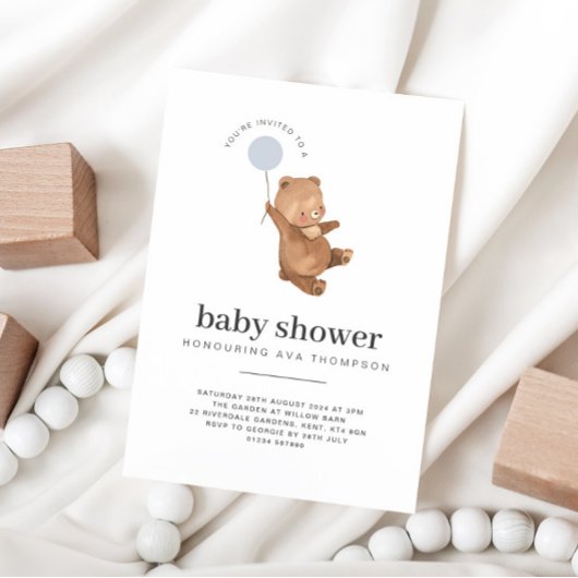 テディベア赤ちゃんシャワーブルーバルーン 招待状