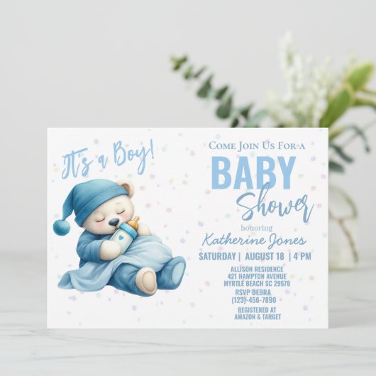 テディベア赤ちゃんシャワーブルーボーイ 招待状 (スタンド正面)