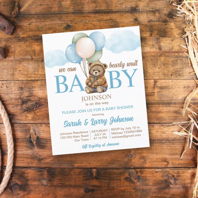 テディベア赤ちゃんシャワー予算招待状bearly wait (Teddy bear with balloons baby shower budget invitation template cute teddy with balloons brown blue)