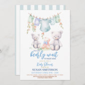 テディベア赤ちゃんシャワー少年ブルー辛うじて待つ 招待状 (正面/裏面)