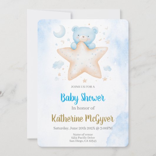 テディベア赤ちゃんシャワー少年 招待状 (正面)