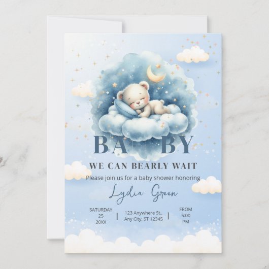 テディベア赤ちゃんシャワー我々は心から待つことができる男の赤ちゃん 招待状 (正面)