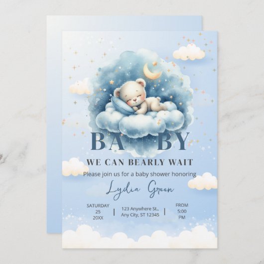 テディベア赤ちゃんシャワー我々は心から待つことができる男の赤ちゃん 招待状 (正面/裏面)