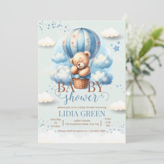 テディベア赤ちゃんシャワー我々は心から待つことができる男の赤ちゃん 招待状 (スタンド正面)