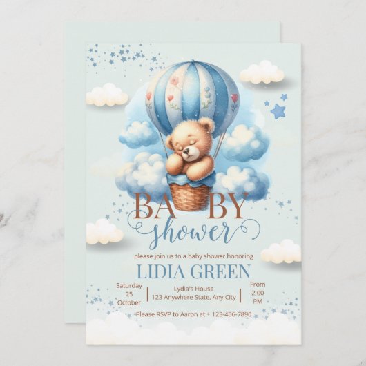 テディベア赤ちゃんシャワー我々は心から待つことができる男の赤ちゃん 招待状 (正面/裏面)