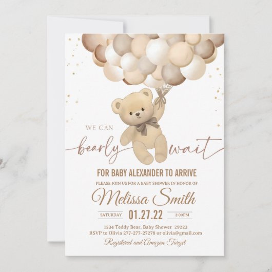 テディベア赤ちゃんシャワー招待状我々Bearly Wa 招待状 (正面)