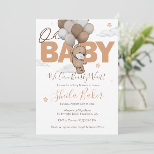 テディベア赤ちゃんシャワー招待状、"Bearly Wait" 招待状 (スタンド正面)