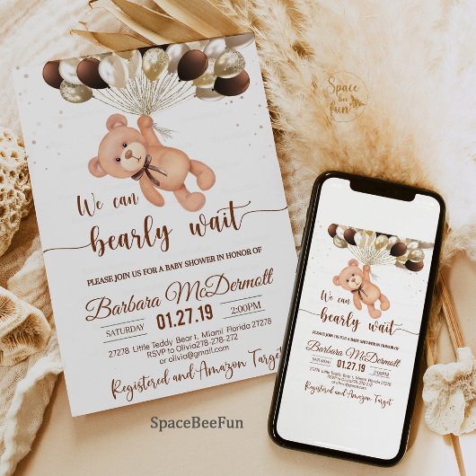 テディベア赤ちゃんシャワー私たちはほとんど待つことができない エンクロージャーカード