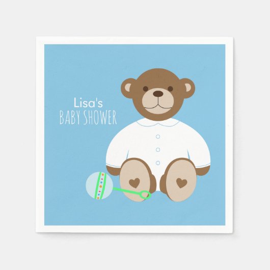 テディベア赤ちゃんシャワー紙ナプキン – 青 スタンダードカクテルナプキン (正面)