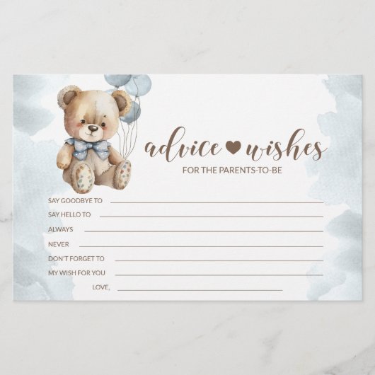 テディベア赤ちゃんシャワー親アドバイスウィッシュカード 便箋 (正面)