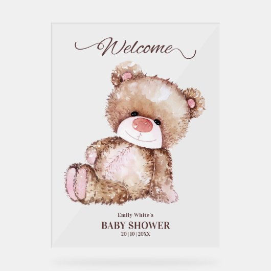 テディベア赤ちゃんシャワー、女の子ピンクのクマ赤ちゃんシャワー アクリルサイン (正面)