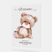 テディベア赤ちゃんシャワー、女の子ピンクのクマ赤ちゃんシャワー アクリルサイン (傾斜)