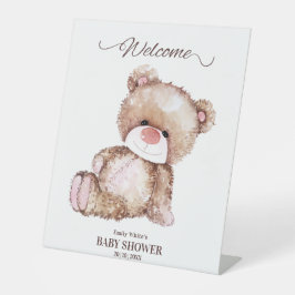 テディベア赤ちゃんシャワー、女の子ピンクのクマ赤ちゃんシャワー 台座サイン