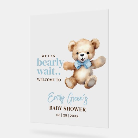 テディベア赤ちゃんシャワー、我々は心から少年を待つことができる アクリルサイン (傾斜)