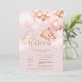 テディベア赤面ピンクバルーン赤ちゃんガールシャワー 招待状 (スタンド正面)
