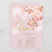 テディベア赤面ピンクバルーン赤ちゃんガールシャワー 招待状 (正面/裏面)