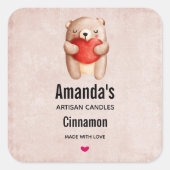 テディベア運の赤いハートキャンドルまたはソープビズ スクエアシール (正面)