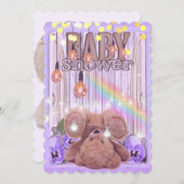 テディベア金ゴールドグリッターライト紫色のベビーシャワー 招待状 (正面/裏面)