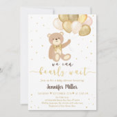 テディベア金ゴールドバルーンベー男女兼用ブシャワー 招待状 (正面)