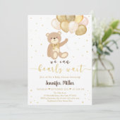 テディベア金ゴールドバルーンベー男女兼用ブシャワー 招待状 (スタンド正面)