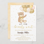 テディベア金ゴールドバルーンベー男女兼用ブシャワー 招待状 (正面/裏面)