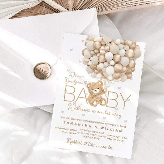 テディベア金ゴールドバルーンベー男女兼用ブシャワー 招待状