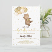テディベア金ゴールドバルーン中立ベビーシャワー 招待状 (スタンド正面)