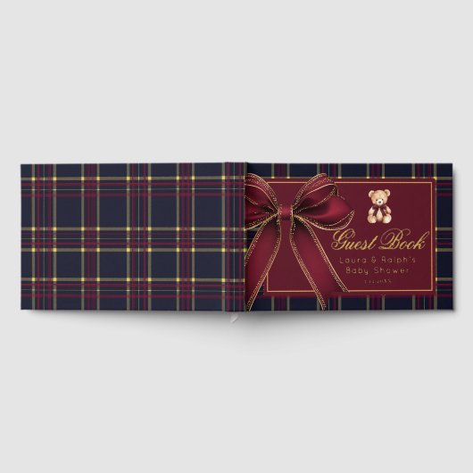 テディベア金ゴールドボークラシックグPLAIDベビーシャワー ゲストブック (全面)