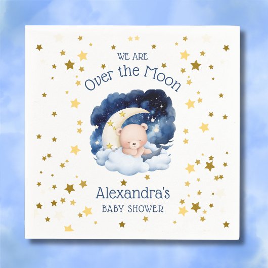 テディベア金ゴールド星が月の赤ちゃんシャワーを浴びる スタンダードカクテルナプキン