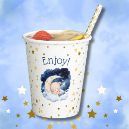 テディベア金ゴールド星が月の赤ちゃんシャワーを浴びる 紙コップ