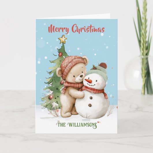 テディベア雪だるまクリスマスツリー カード (正面)