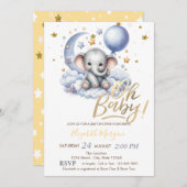 テディベア雲スターバルーンベビーシャワー 招待状 (正面/裏面)