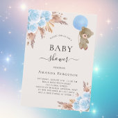 テディベア青いパンパフローラボーイベビーシャワー 招待状