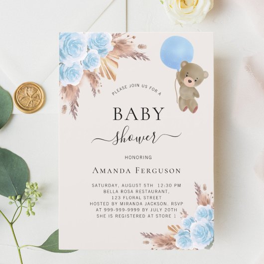 テディベア青いパンパフローラボーイベビーシャワー 招待状