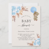 テディベア青いパンパフローラボーイベビーシャワー 招待状 (正面)