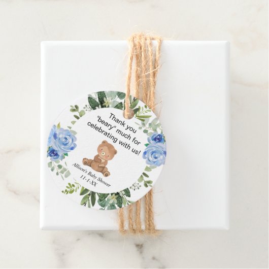 テディベア青いフローラ緑のベビーシャワー フェイバータグ (インサイチュ)