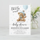 テディベア青い気球の男の子の赤ちゃんシャワーの招待状 招待状 (スタンド正面)