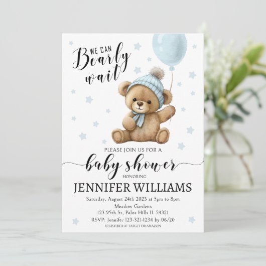 テディベア青い気球の男の子の赤ちゃんシャワーの招待状 招待状 (スタンド正面)