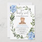 テディベア青い緑のフローラ男の子の赤ちゃんシャワー 招待状 (正面)