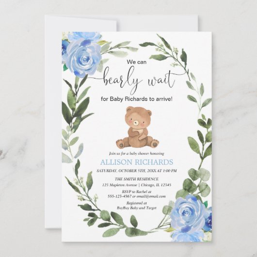 テディベア青い緑のフローラ男の子の赤ちゃんシャワー 招待状 (正面)