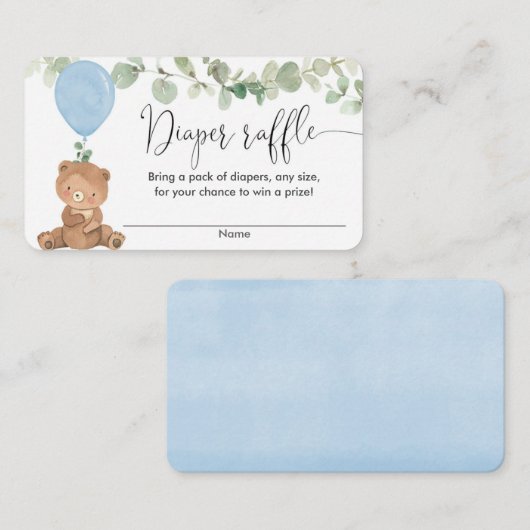 テディベア青い緑の男の子シャワーおむつラッフル エンクロージャーカード (正面/裏面)