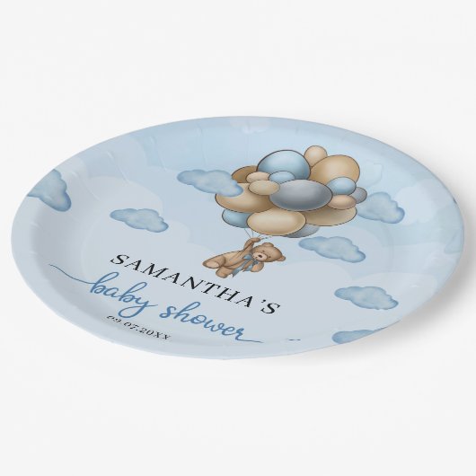 テディベア青い茶色のアイボリーバルーン赤ちゃんシャワー ペーパープレート (アングル)