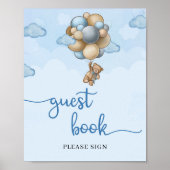 テディベア青い茶色の風船のゲストブックサイン ポスター (正面)