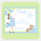 テディベア青い買い物客ベビーシャワーステッカー スクエアシール (正面)