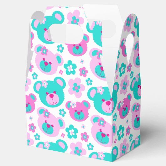 テディベア顔と花パターン（の模様が）あるギフトボックス フェイバーボックス (オープン)